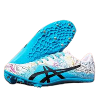 An image of blue athletic shoes with spikes on soles